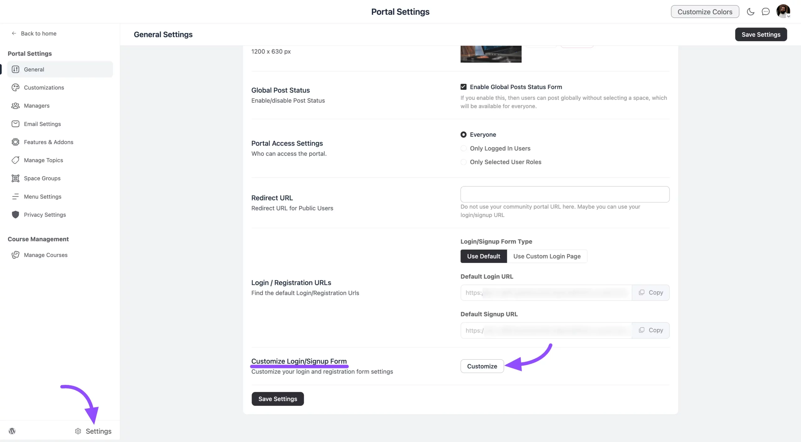 The Customize Login/Signup Form setting