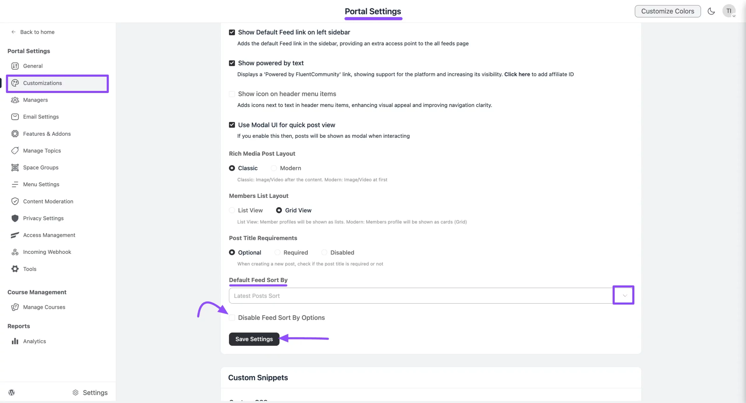 The Feed Sorting options in Portal Settings Customization