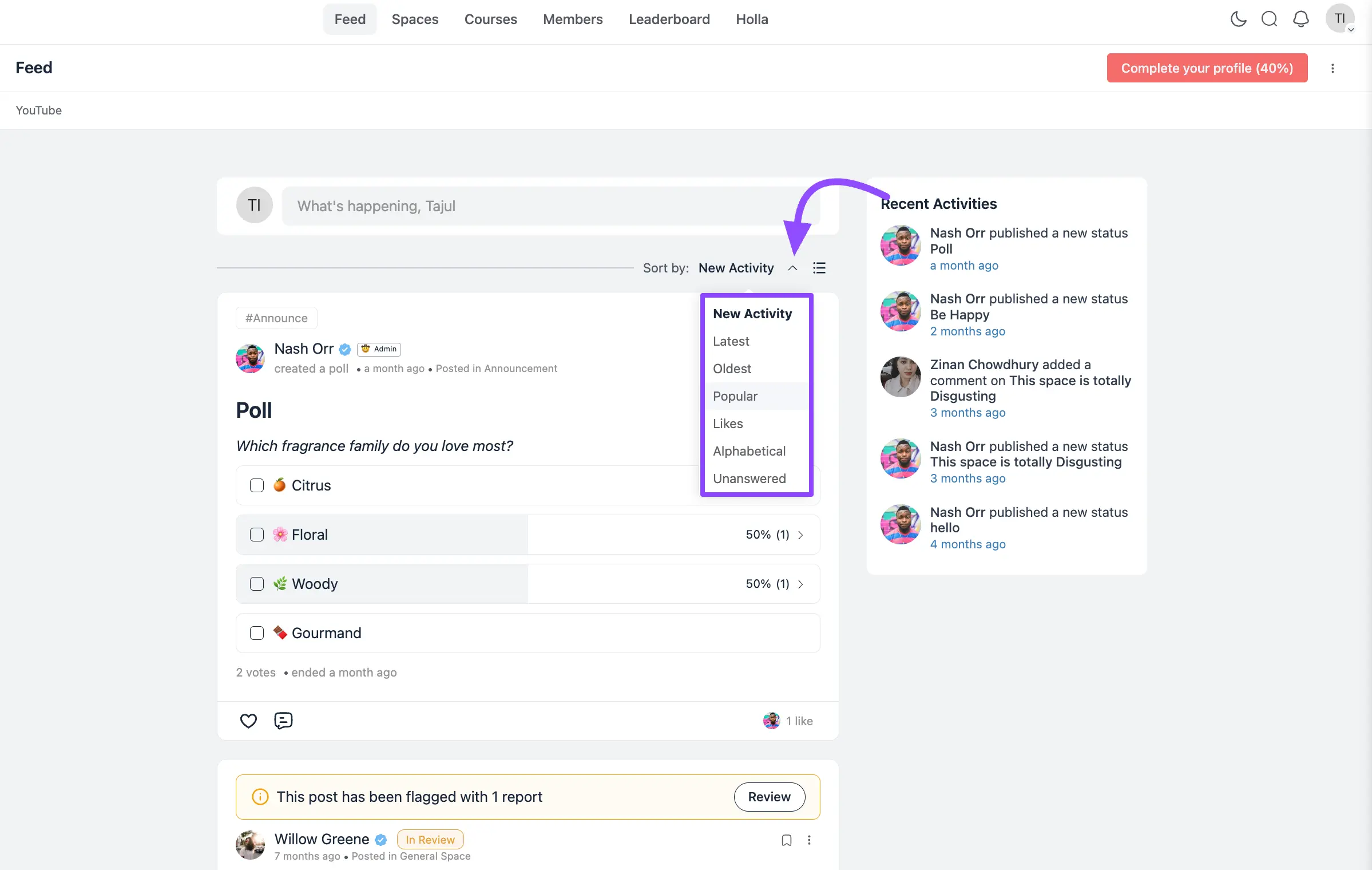 The Sort by dropdown in the top-right corner of a feed