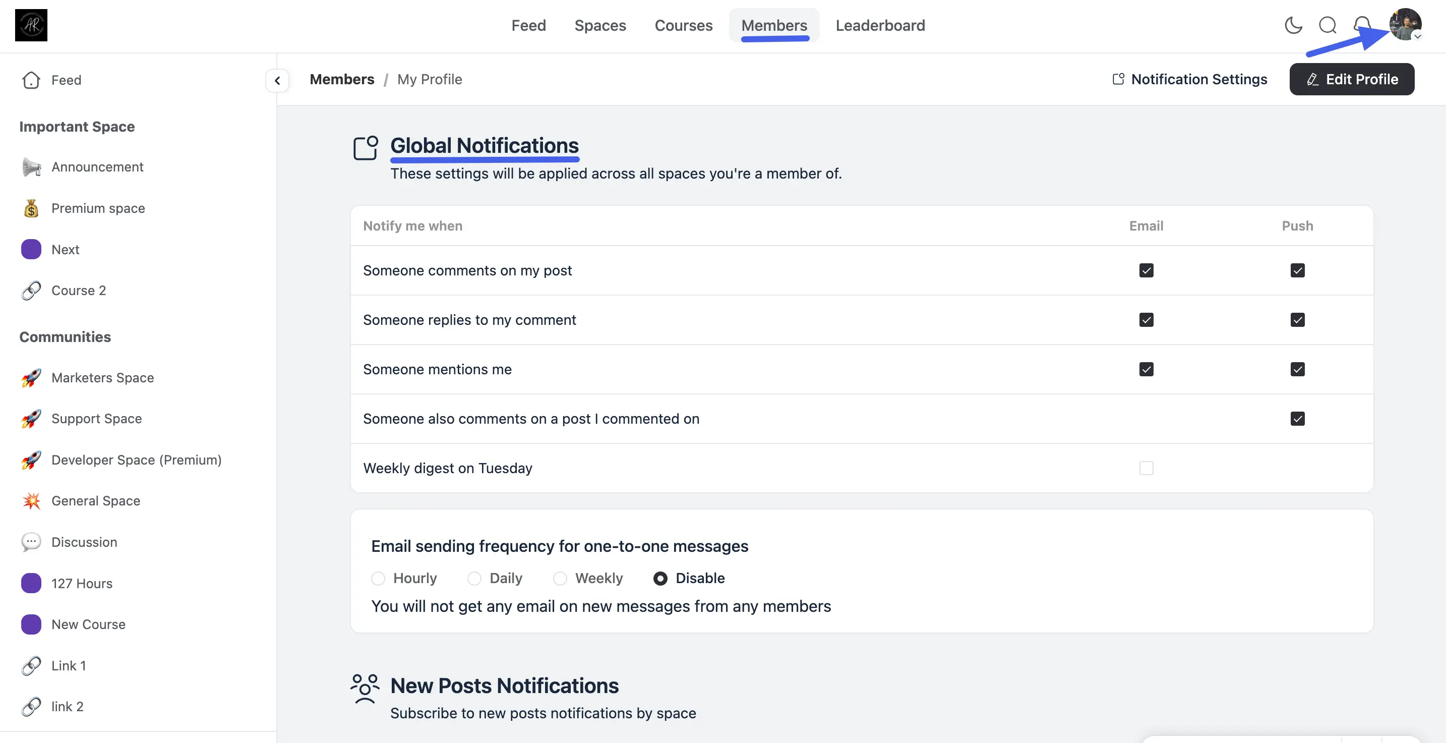 Global Notifications settings with separate Email and Push checkbox columns for each event type
