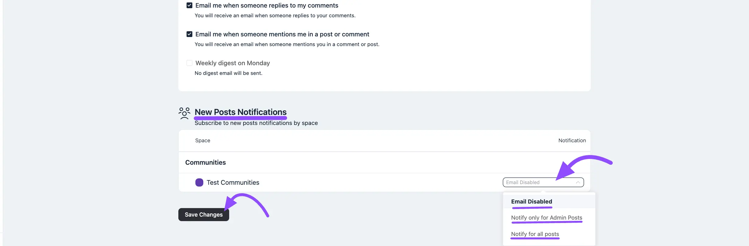 The New Posts Notifications table listing each space with its per-space email notification dropdown