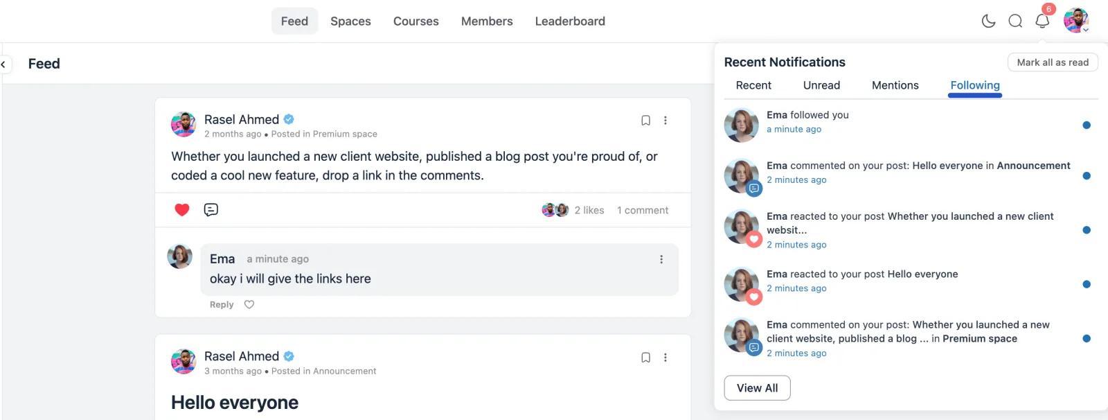 The Following tab showing activity from members and posts the user follows