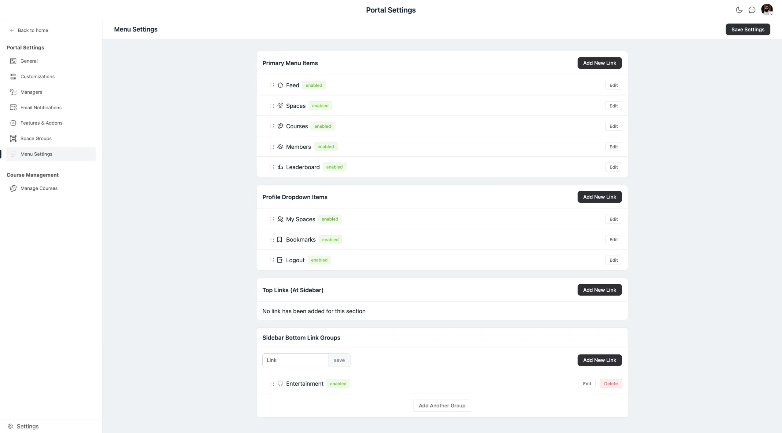 The Menu Settings screen in Portal Settings