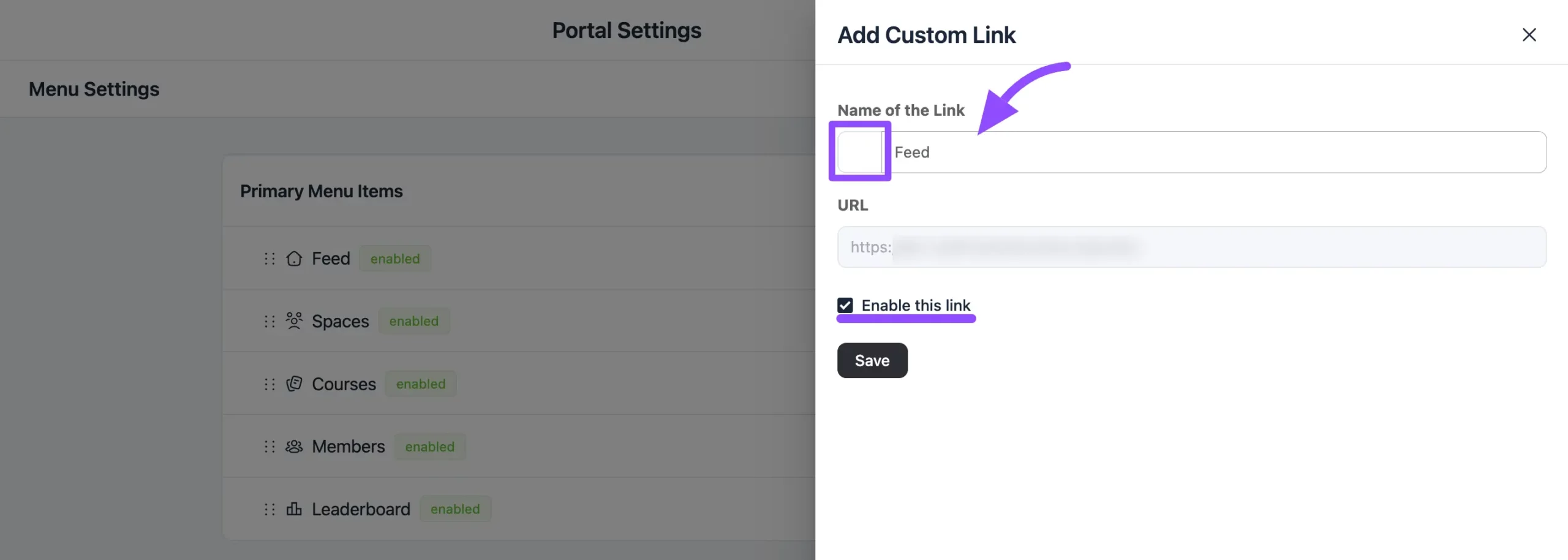 The Add Link pop-up with emoji, name, URL, and Enable this link
