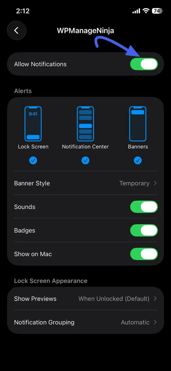 The community app's notification settings with the Allow Notifications switch turned on