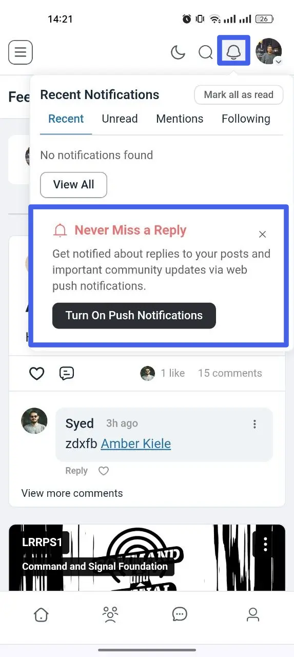 The "Never Miss a Reply" prompt with a Turn On Push Notifications button