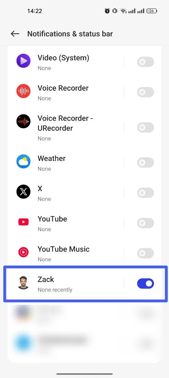 The per-app notification list with the community app's switch turned on