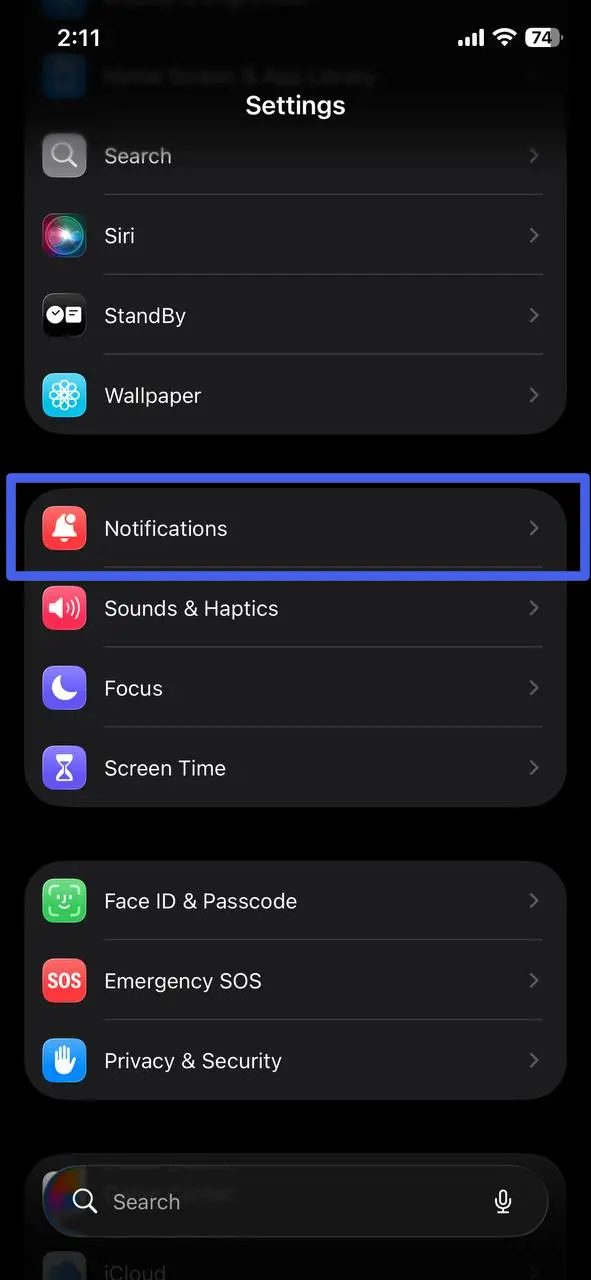 The iPhone Settings app with Notifications highlighted