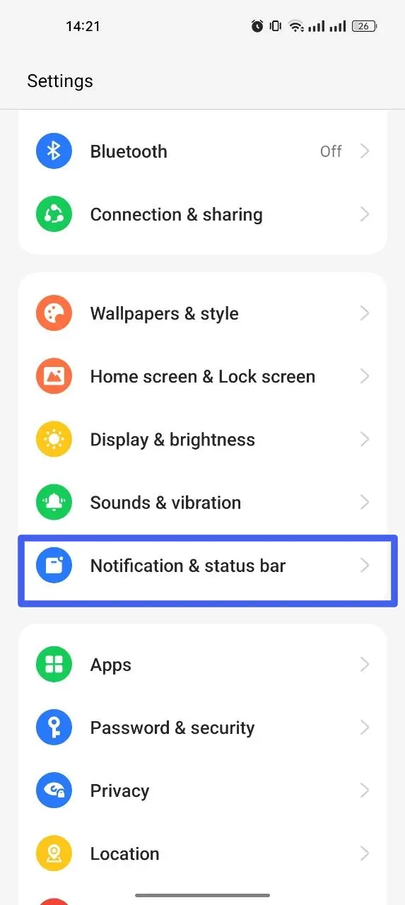 Android Settings with Notification & status bar highlighted