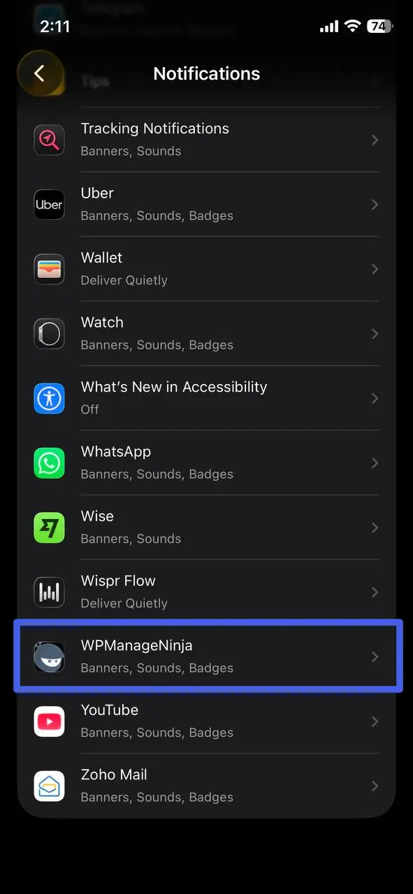 The iPhone Notifications list with the community app highlighted