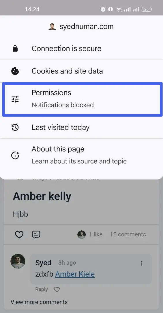 The site info popup with the Permissions row highlighted, showing Notifications blocked