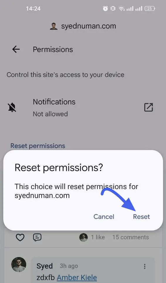 The Permissions page showing Notifications not allowed, with a Reset permissions confirmation dialog