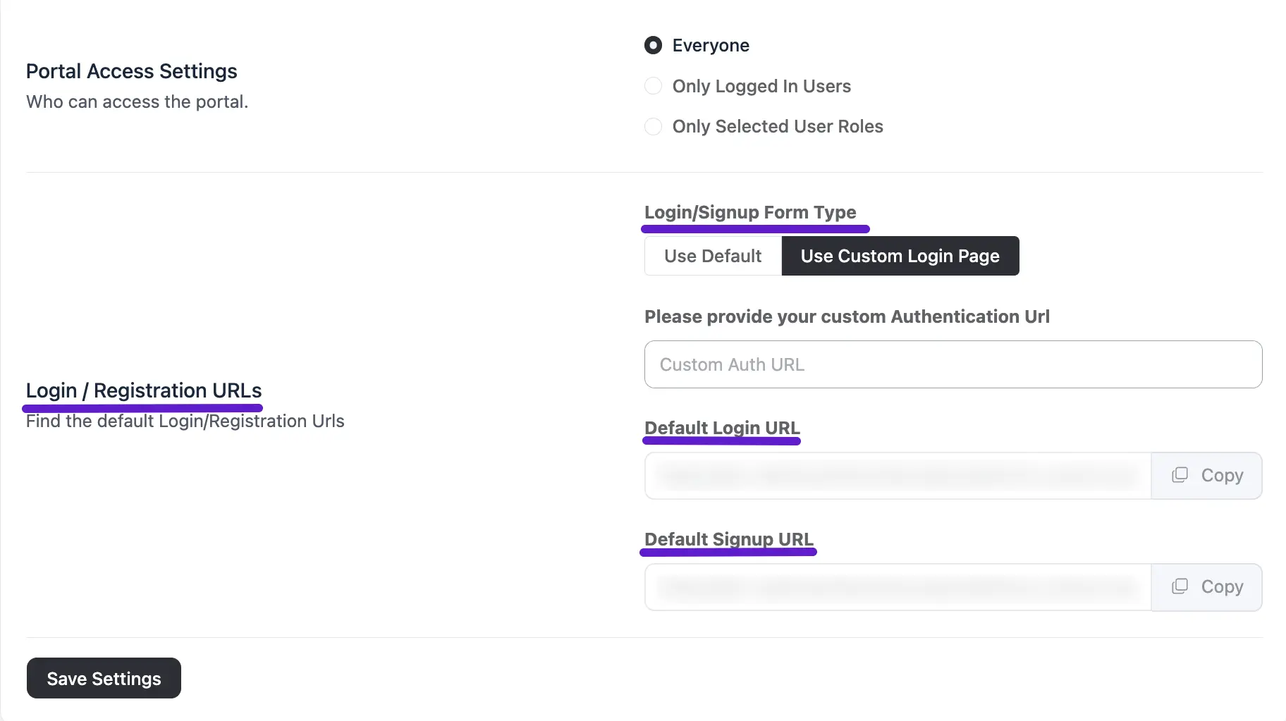 The Login and Registration URL options