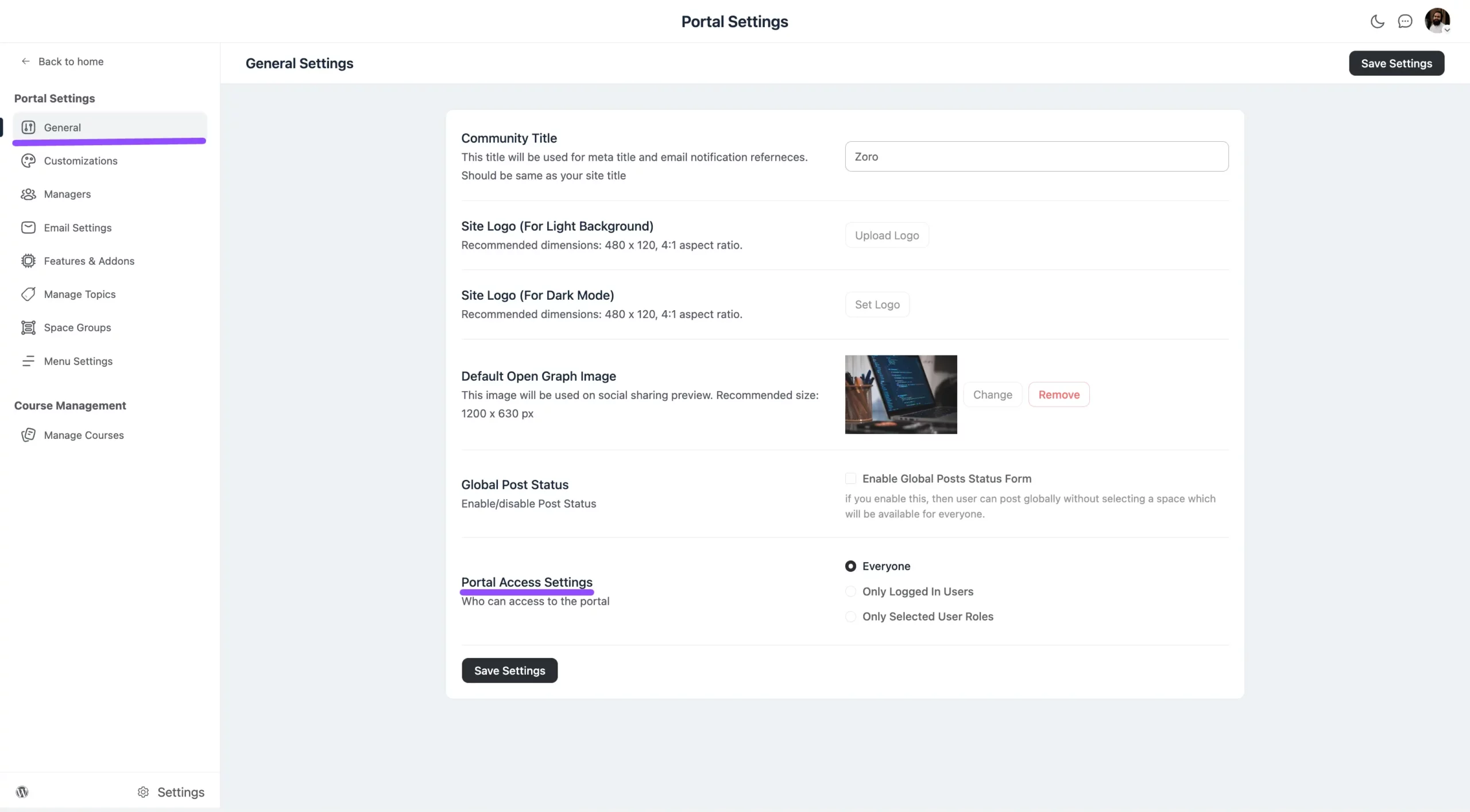 The Portal Access Settings section in General Settings