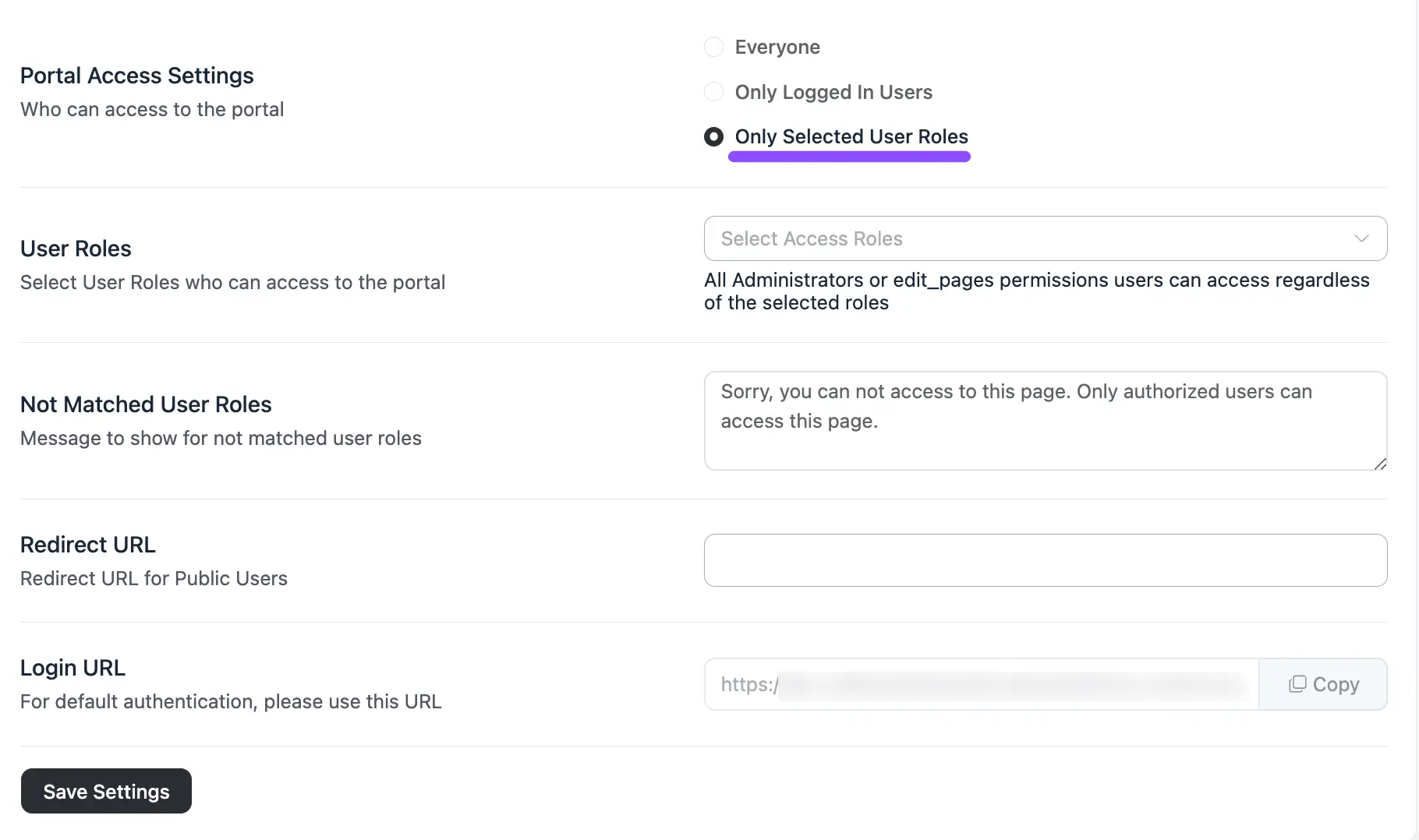 The Only Selected User Roles access option