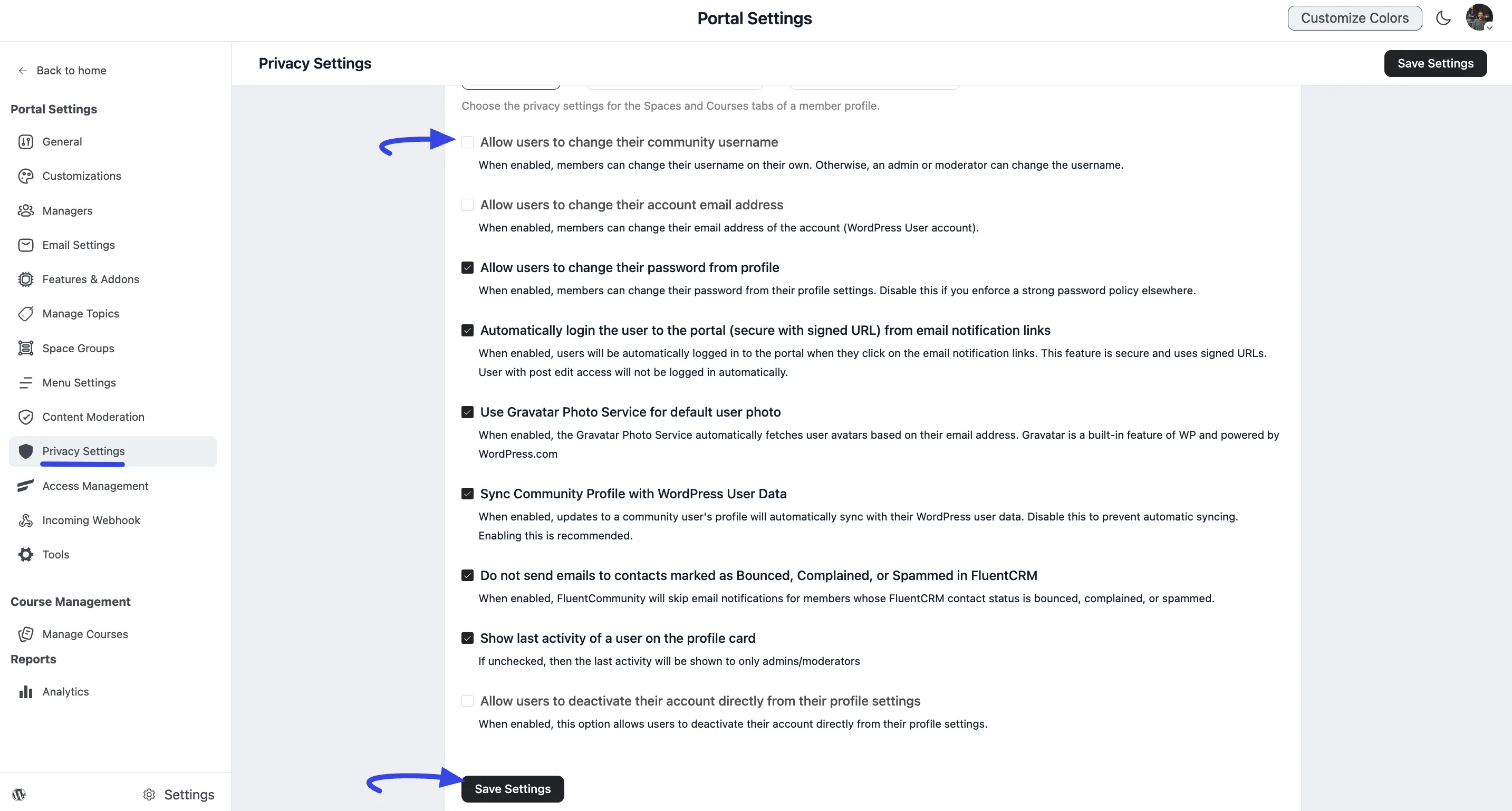 The Member Account Permissions and System Configuration options