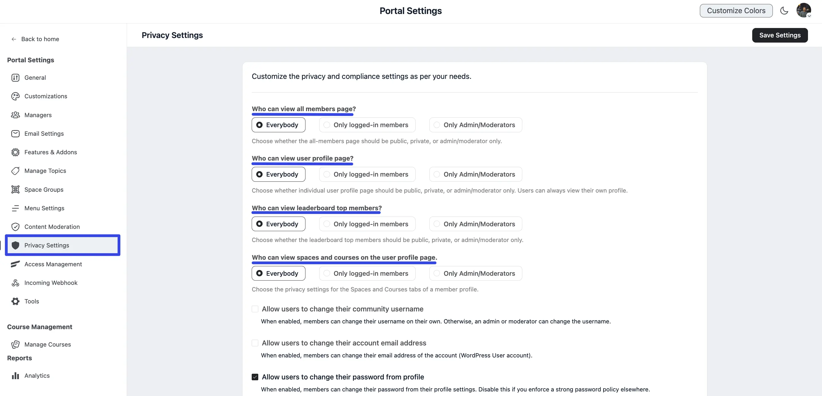 The Visibility Permissions options in Privacy Settings