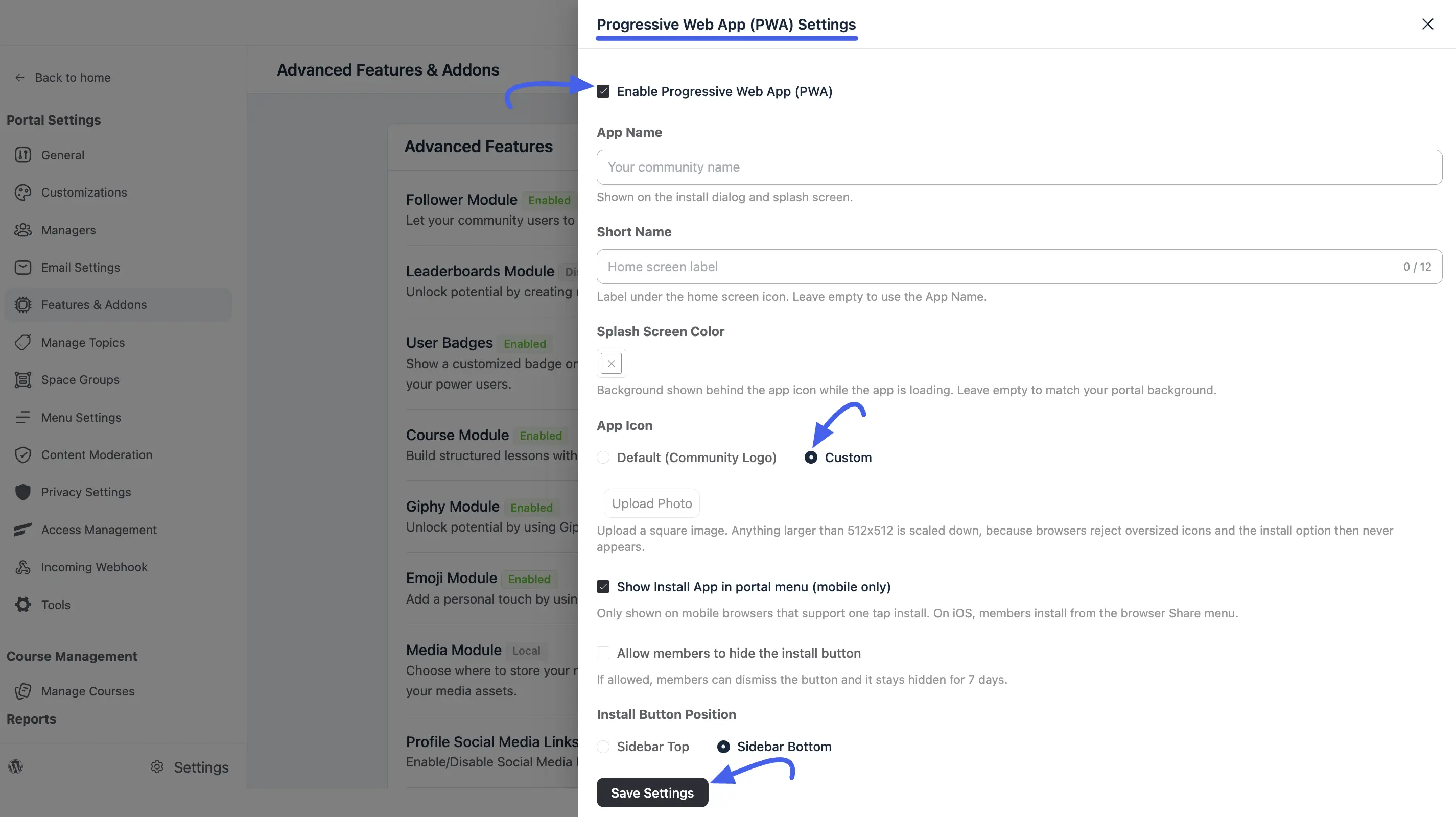 The Progressive Web App (PWA) Settings