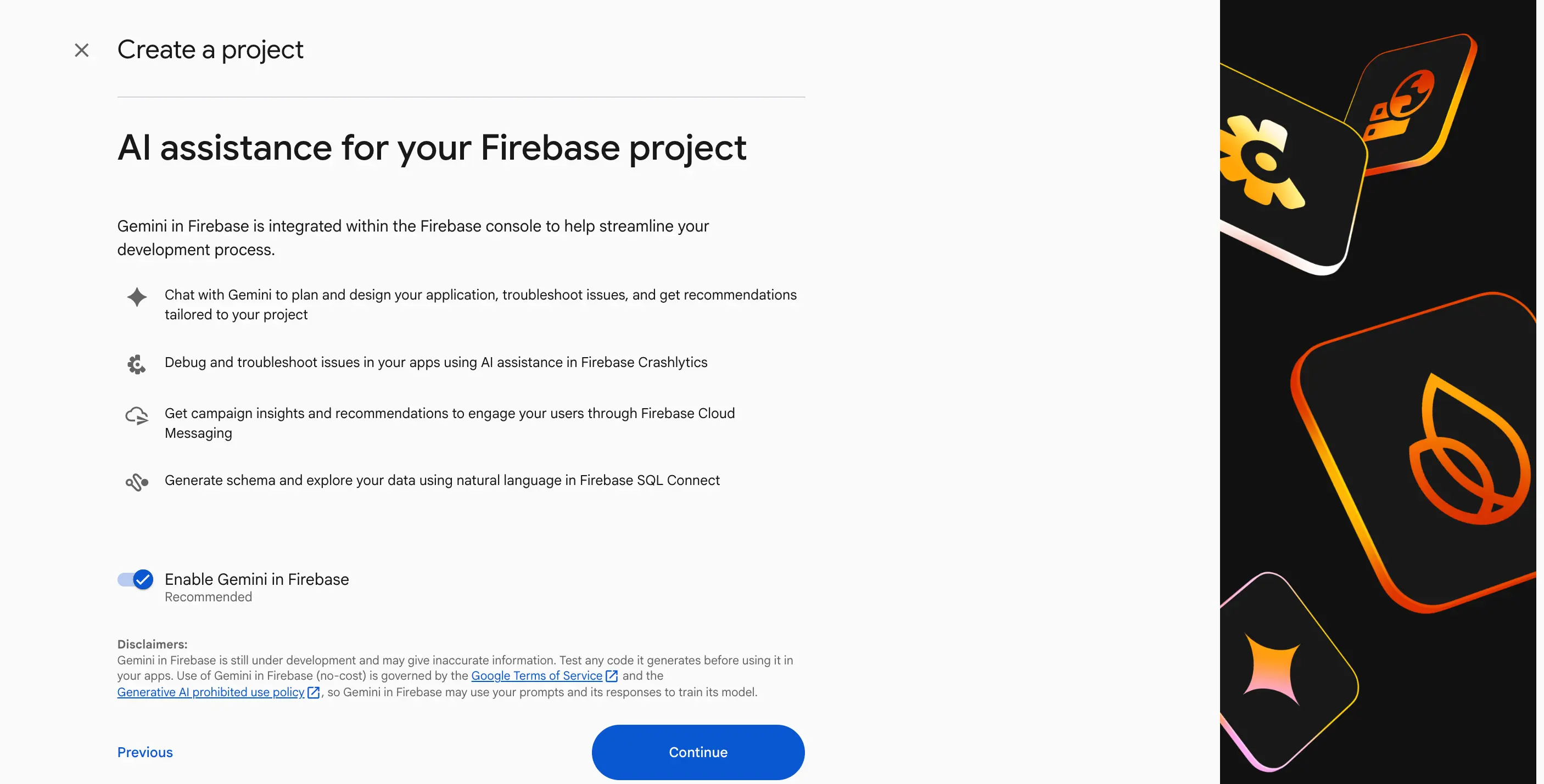 The AI assistance for your Firebase project screen with the Continue button