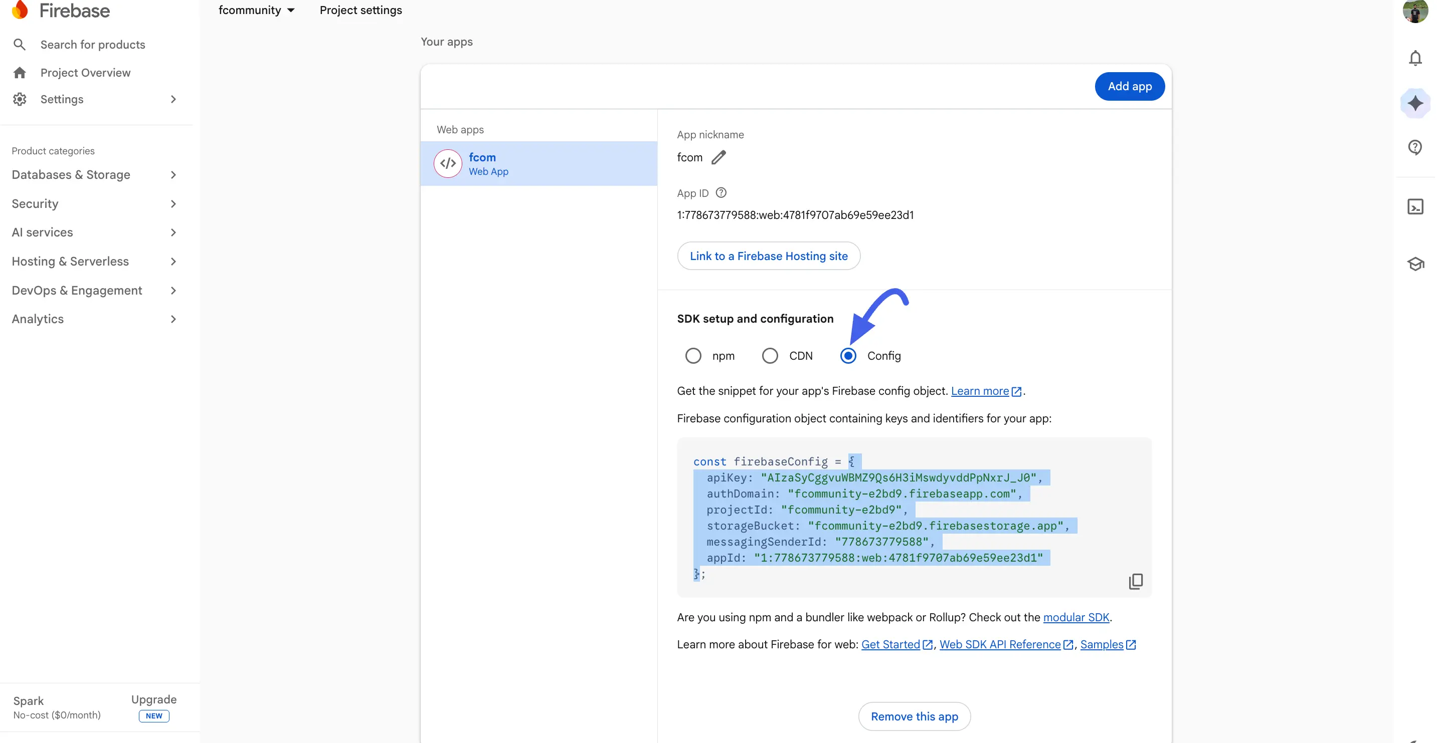 The copied firebaseConfig code block highlighted in the Firebase console