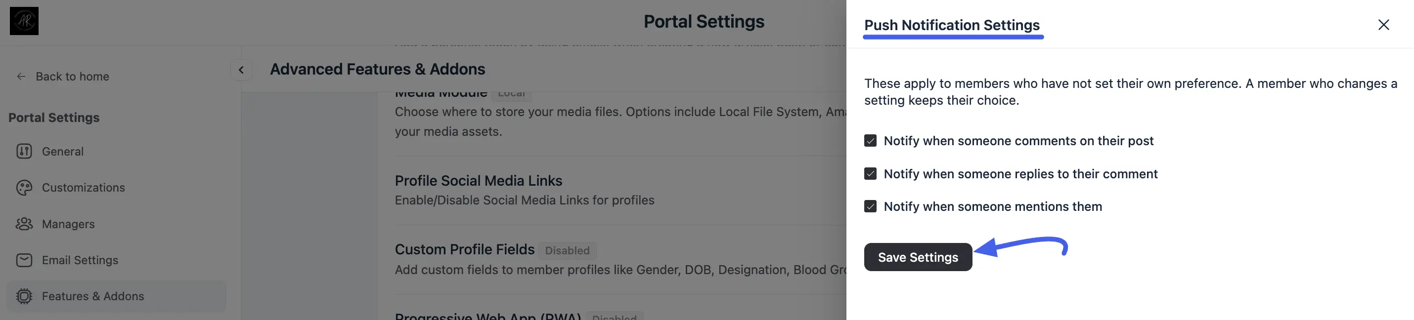 The Push Notification Settings drawer with three default notification checkboxes and a Save Settings button