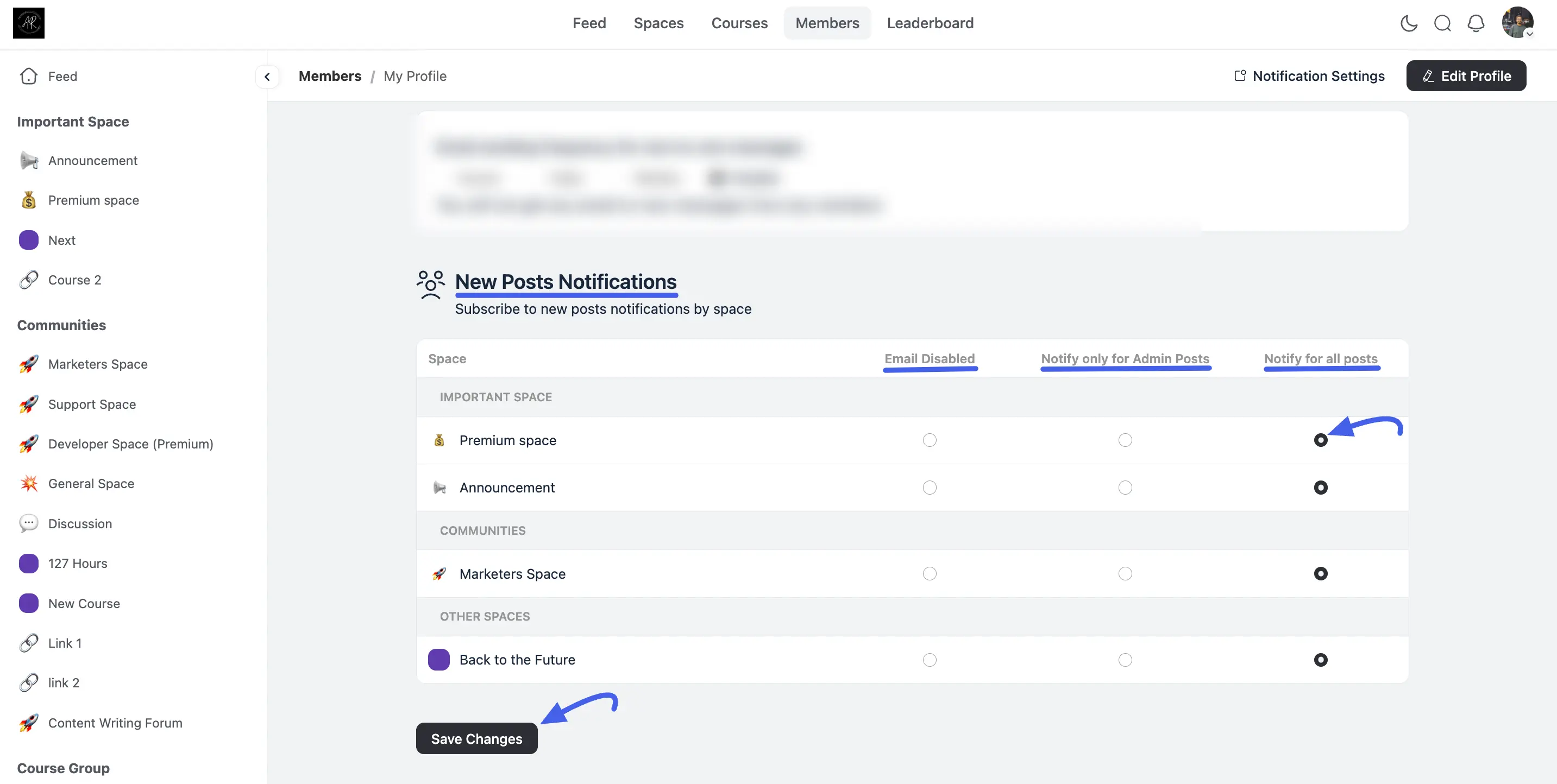 The New Posts Notifications table 