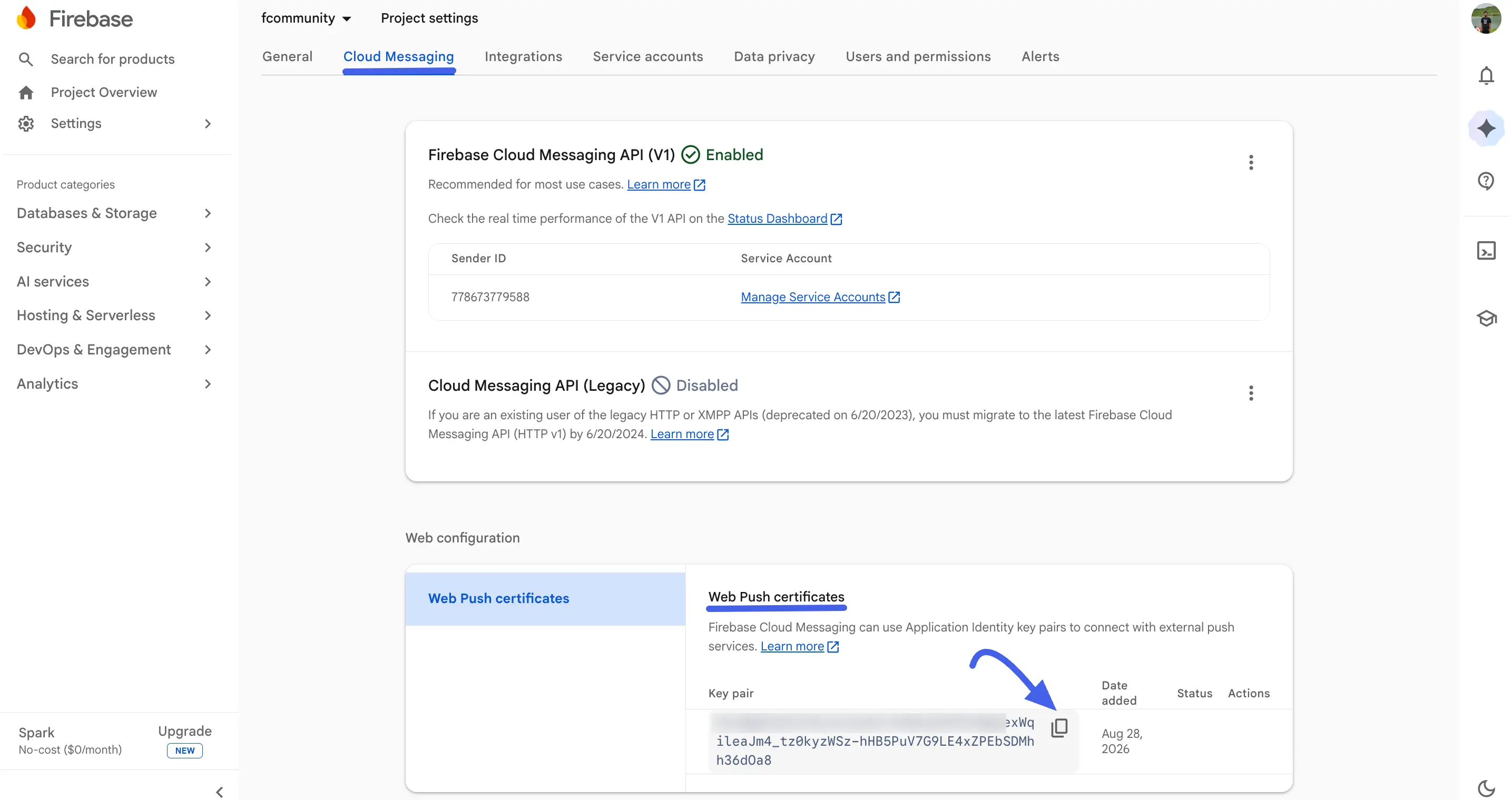  Web Push certificates section with a Key pair