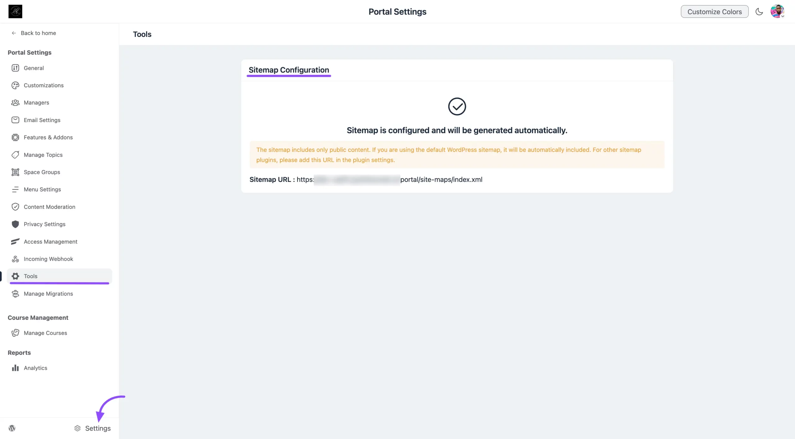 The Sitemap Configuration page under Tools