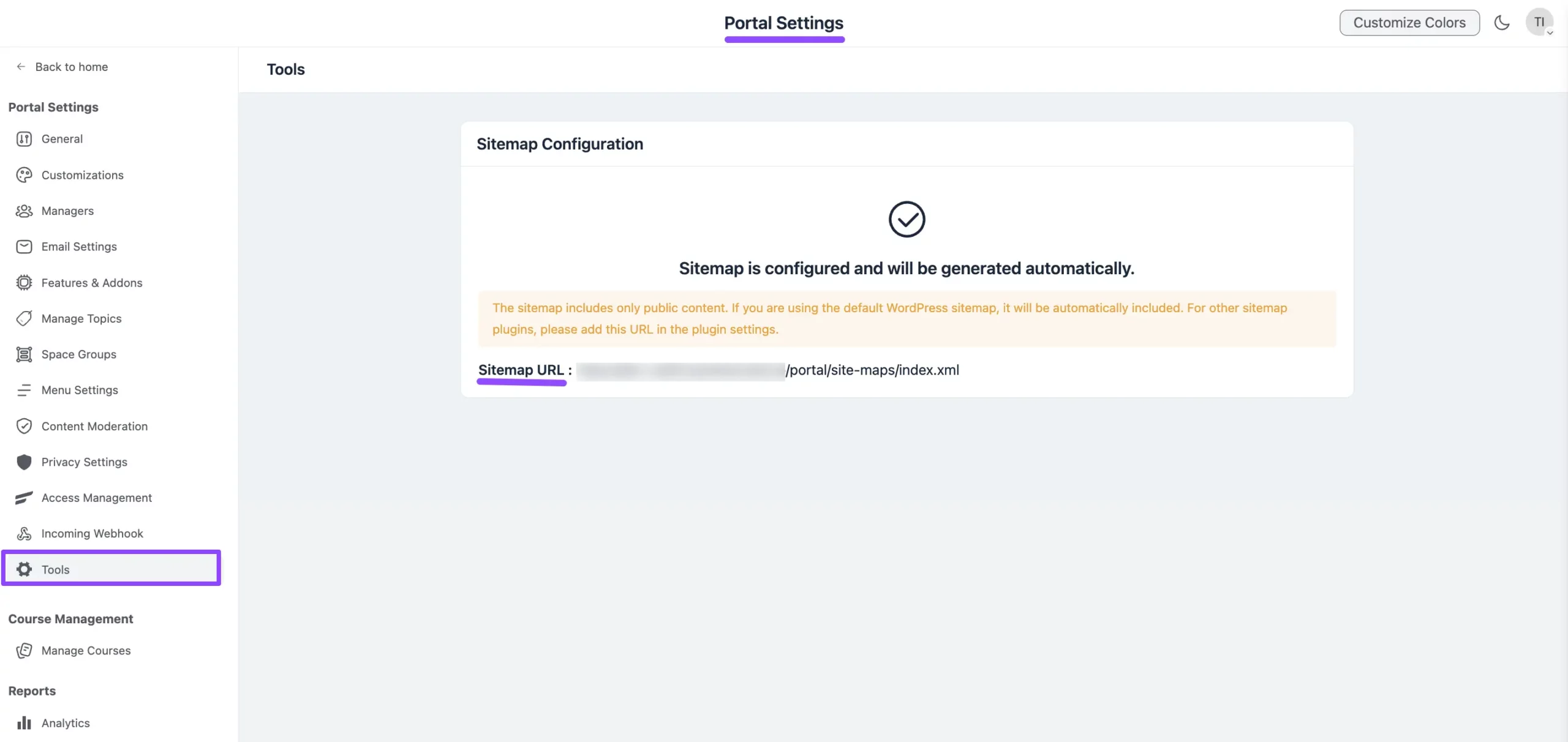 The automatically created sitemap and its URL