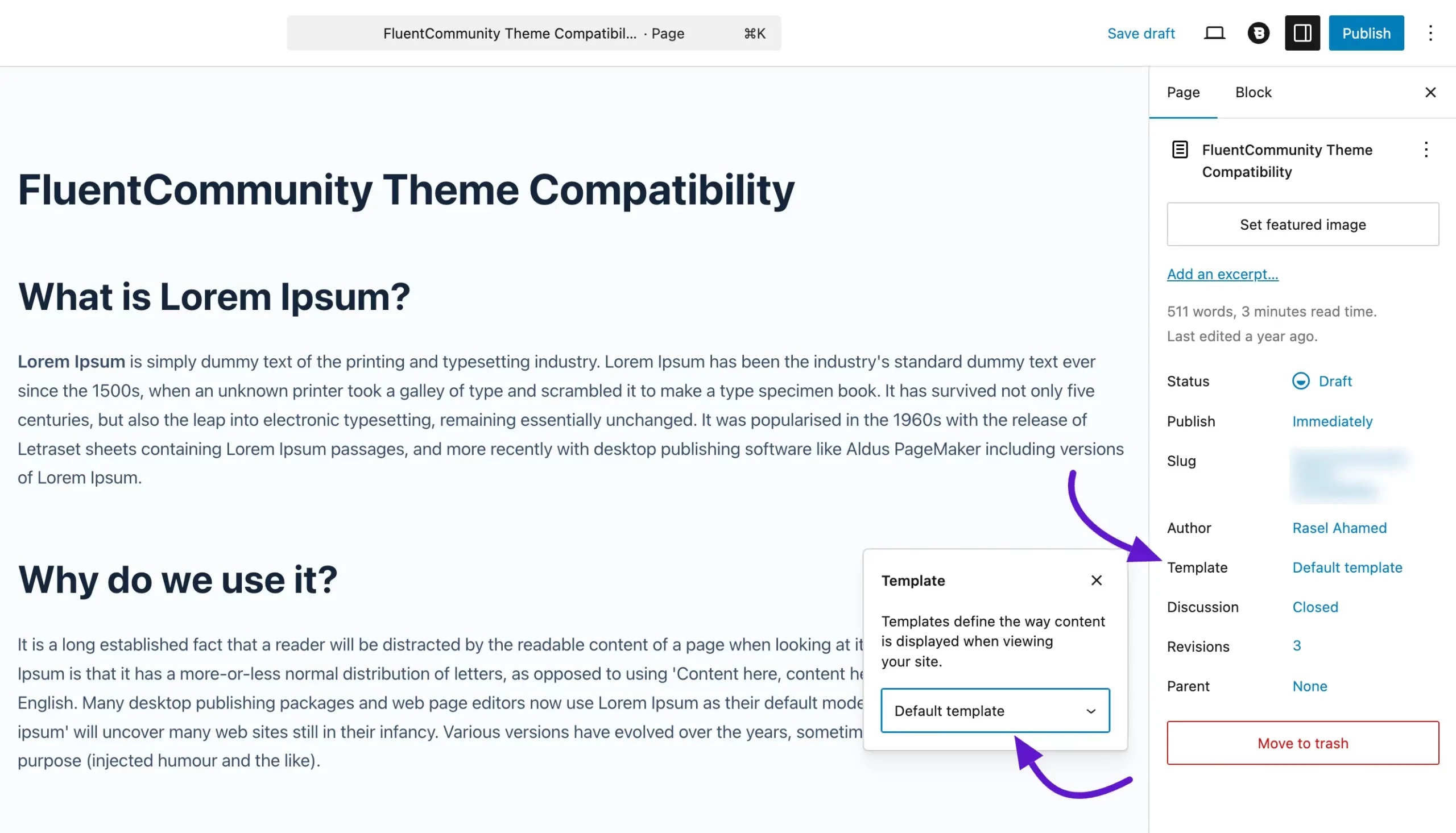 The Template option in the page editor's right sidebar