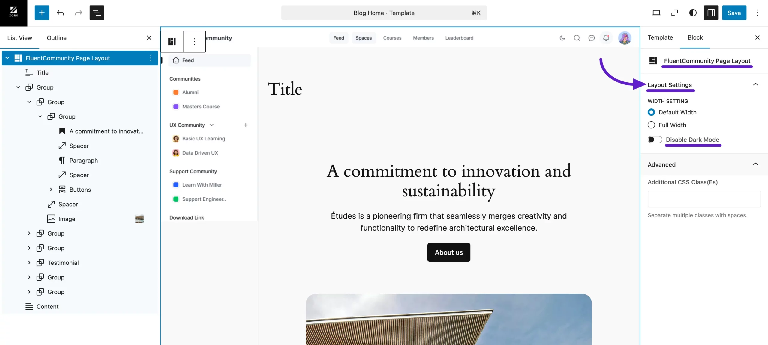 The Layout Settings and Advanced options in the right sidebar