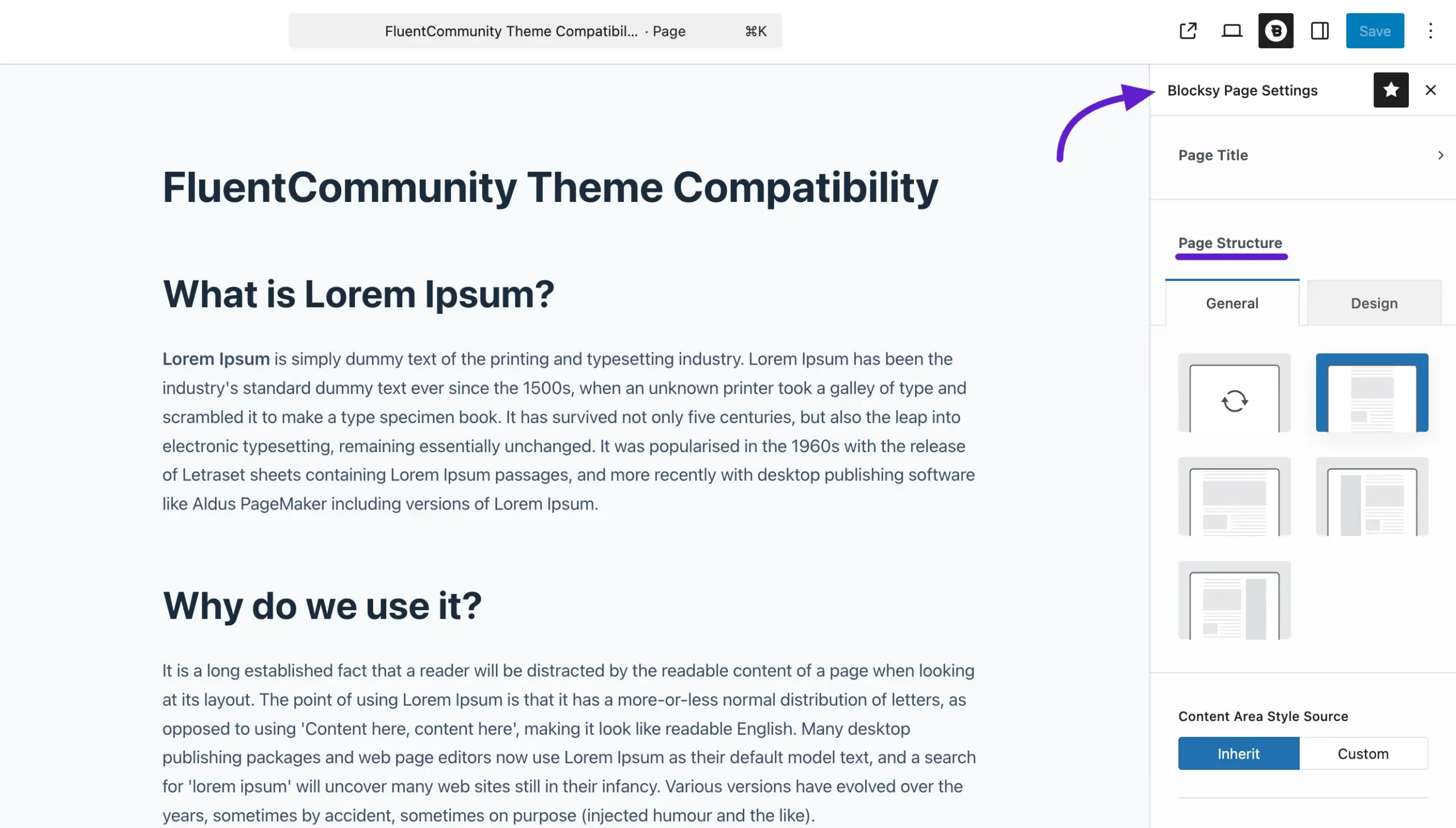 The FluentCommunity Frame options in the template dropdown
