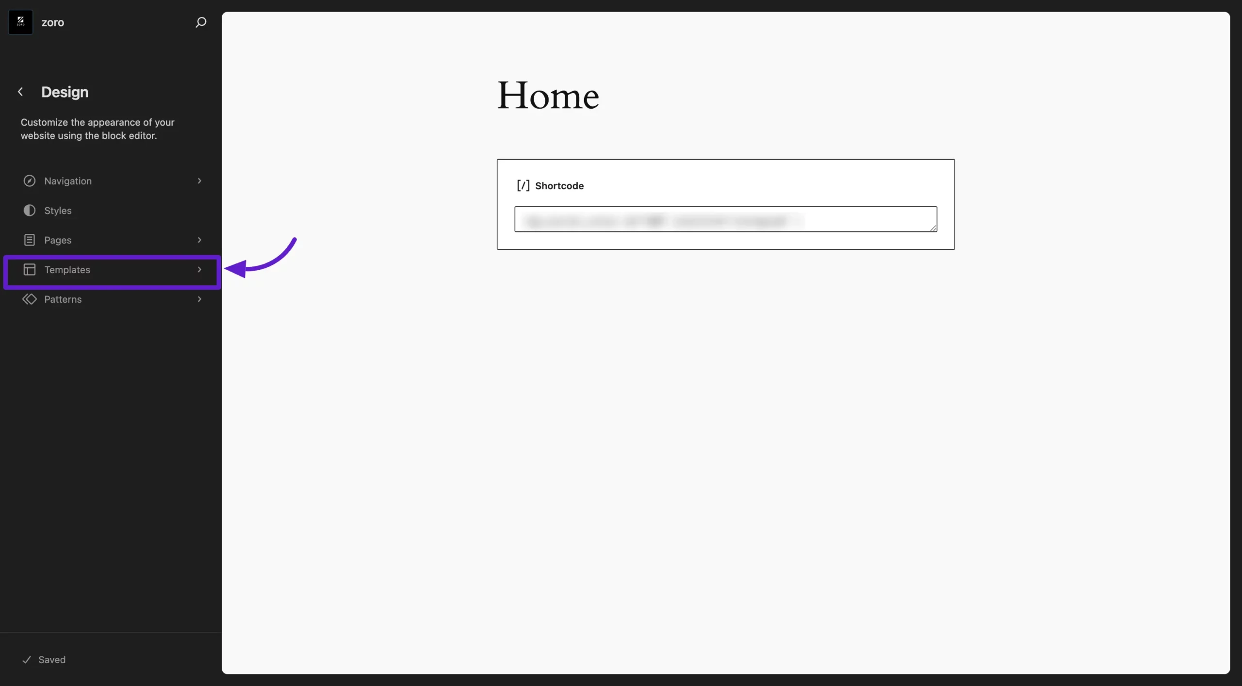 The Templates list in the Site Editor
