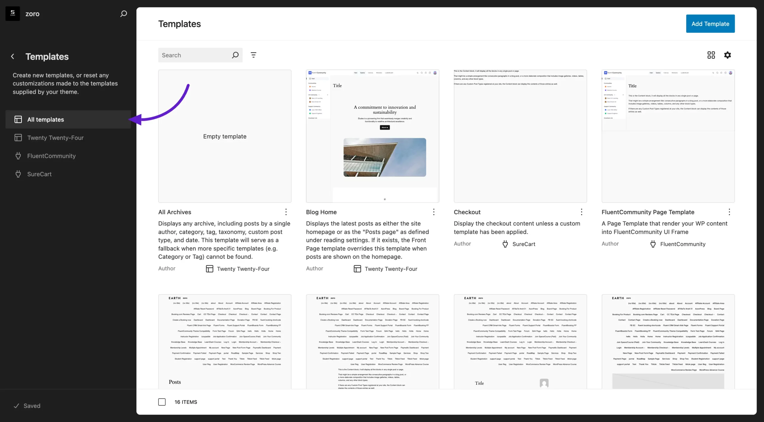 Selecting an existing template to edit