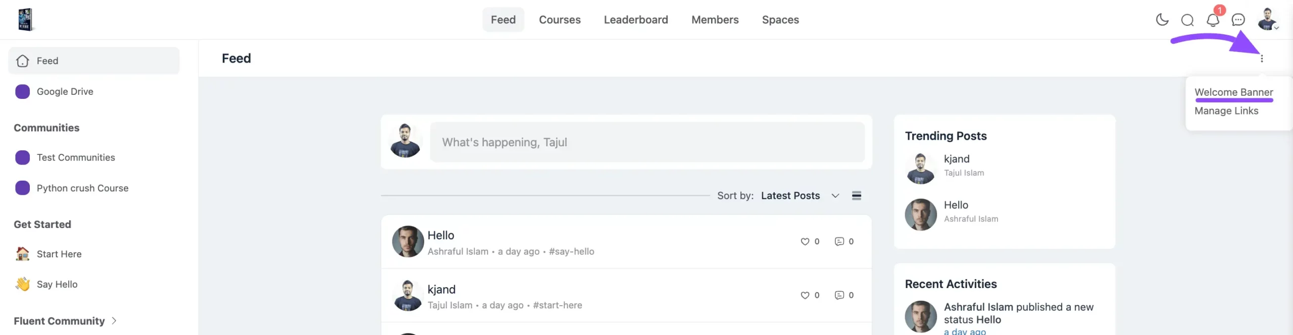 Opening the Welcome Banner option from the feed three-dot menu
